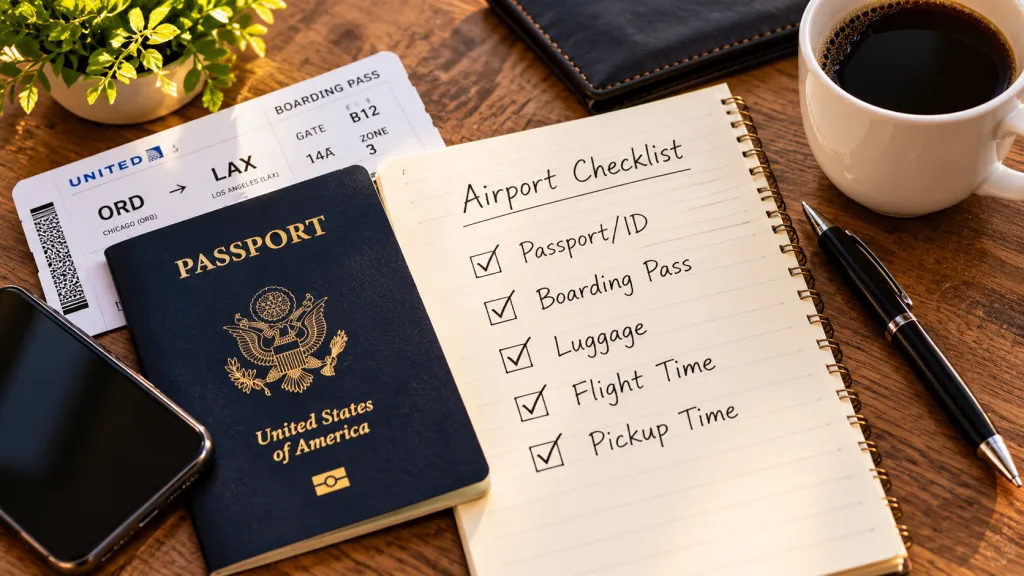 Travel checklist with passport, boarding pass, phone, and coffee before leaving for O’Hare Airport