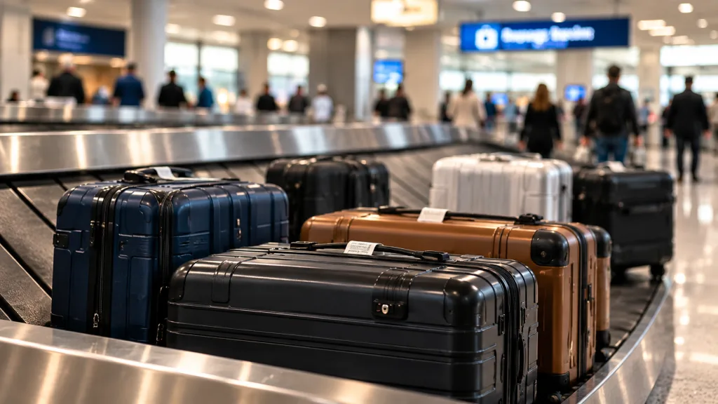 Checked suitcases lined up at an airport baggage area before departure