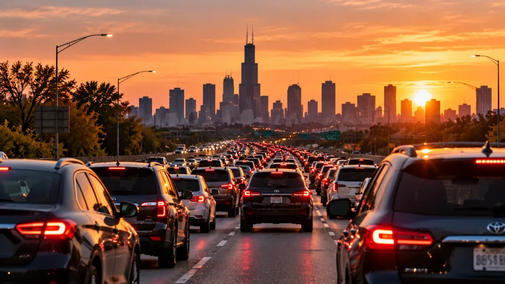 Heavy Chicago rush-hour traffic at sunset on the way to O’Hare Airport