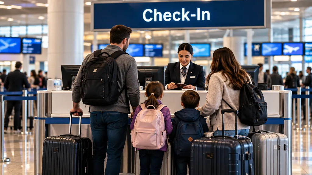Family checking in at the airport with children and luggage before an O’Hare flight