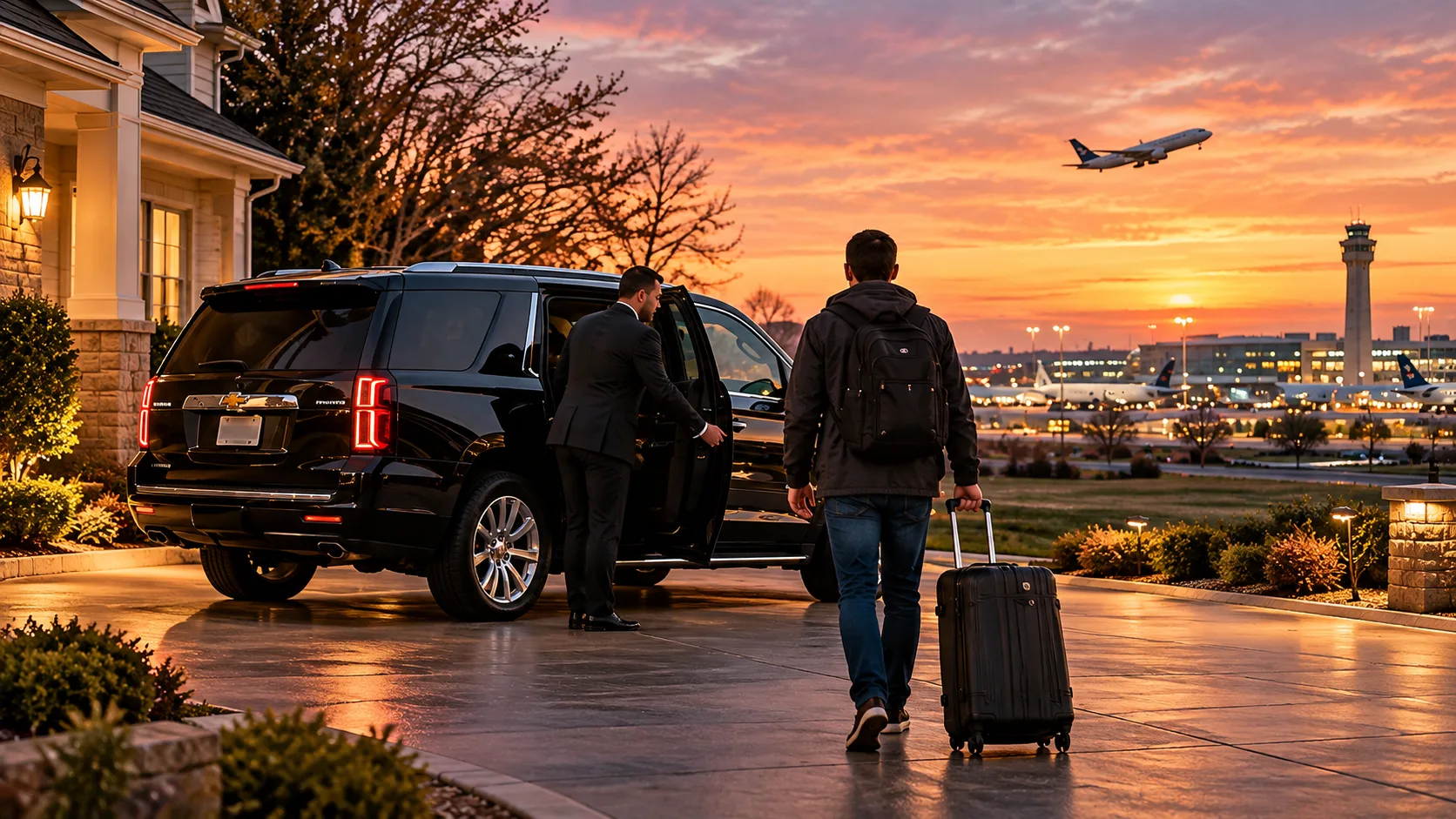 Chauffeur opening a black SUV for a traveler leaving West Chicago for O’Hare Airport at sunrise