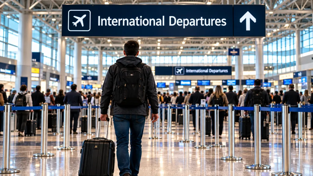 Traveler approaching an international departures area at O’Hare Airport with rolling luggage