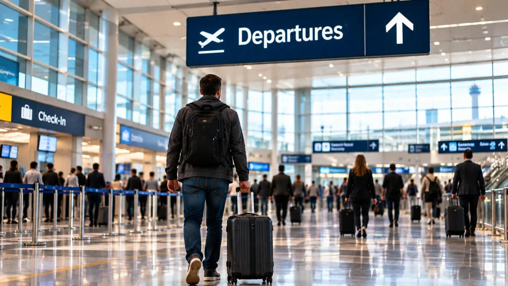 Traveler walking through the O’Hare departures terminal with luggage under a departures sign
