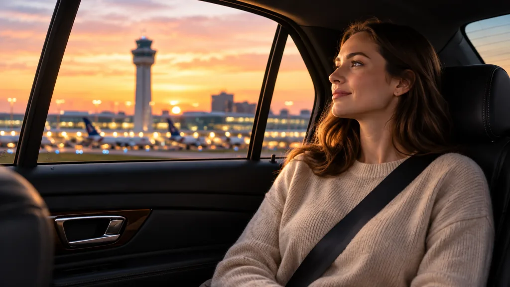 Passenger relaxing in a private airport car transfer near O’Hare at sunset