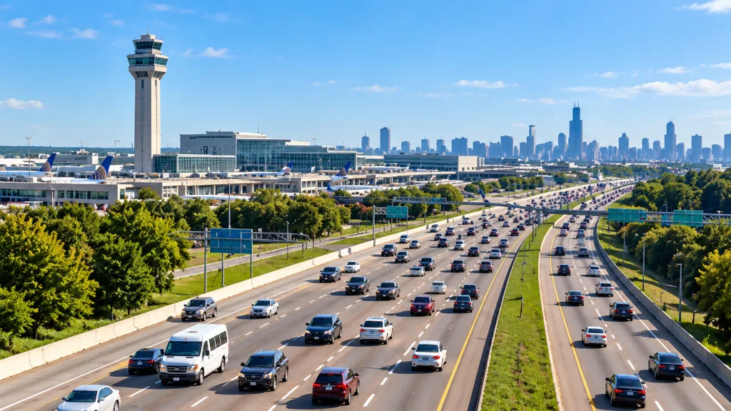 Busy highway route leading to O’Hare Airport with Chicago skyline in the distance