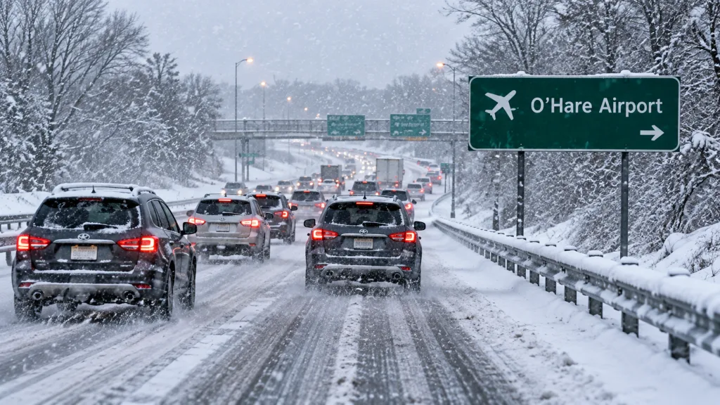 Snowy winter traffic heading toward O’Hare Airport on an icy road